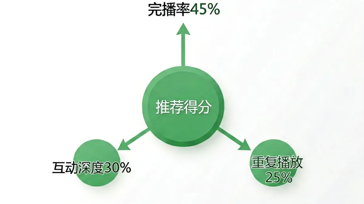 蘑菇视频推荐算法机制示意图，完播率、互动深度与重复播放三类信号的权重关系图解