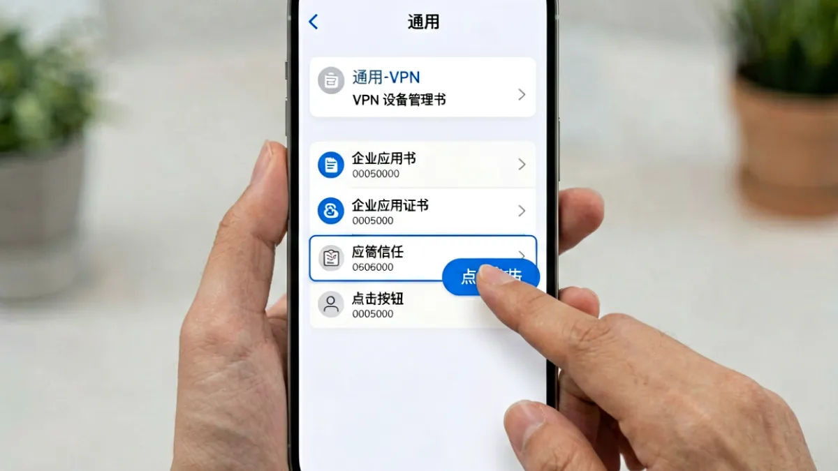 iPhone设置页面中信任描述文件的操作路径截图，展示蘑菇视频企业签名证书信任步骤