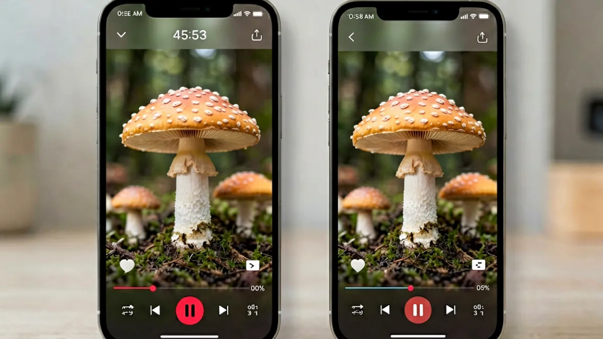 不同iPhone机型展示蘑菇视频运行界面，包括iPhone 14和iPhone 15 Pro的视频播放画面对比