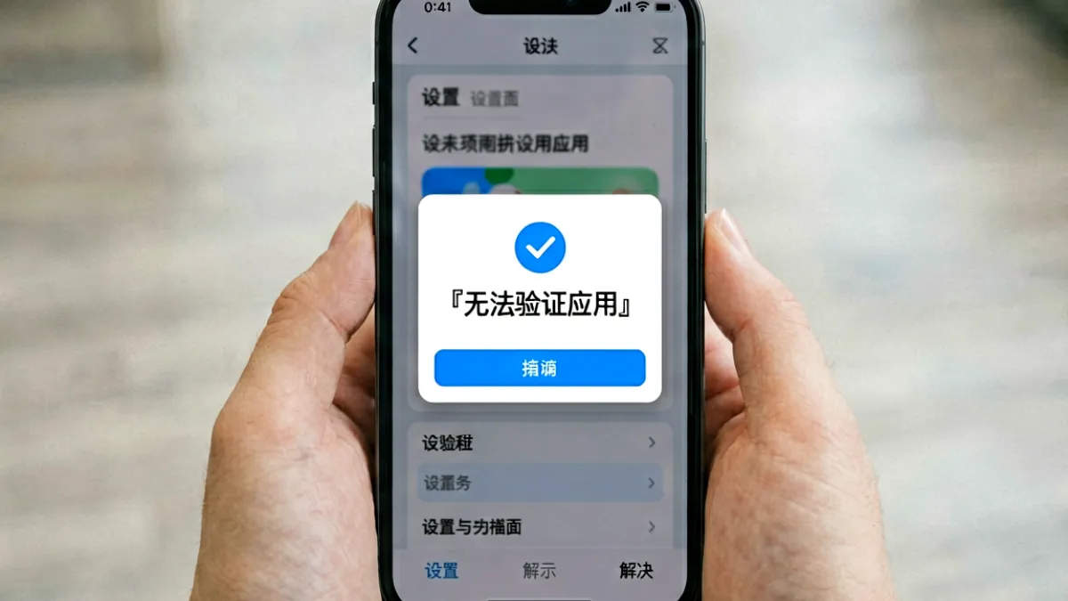 iPhone屏幕上显示蘑菇视频安装报错提示的画面，以及对应解决步骤的操作界面