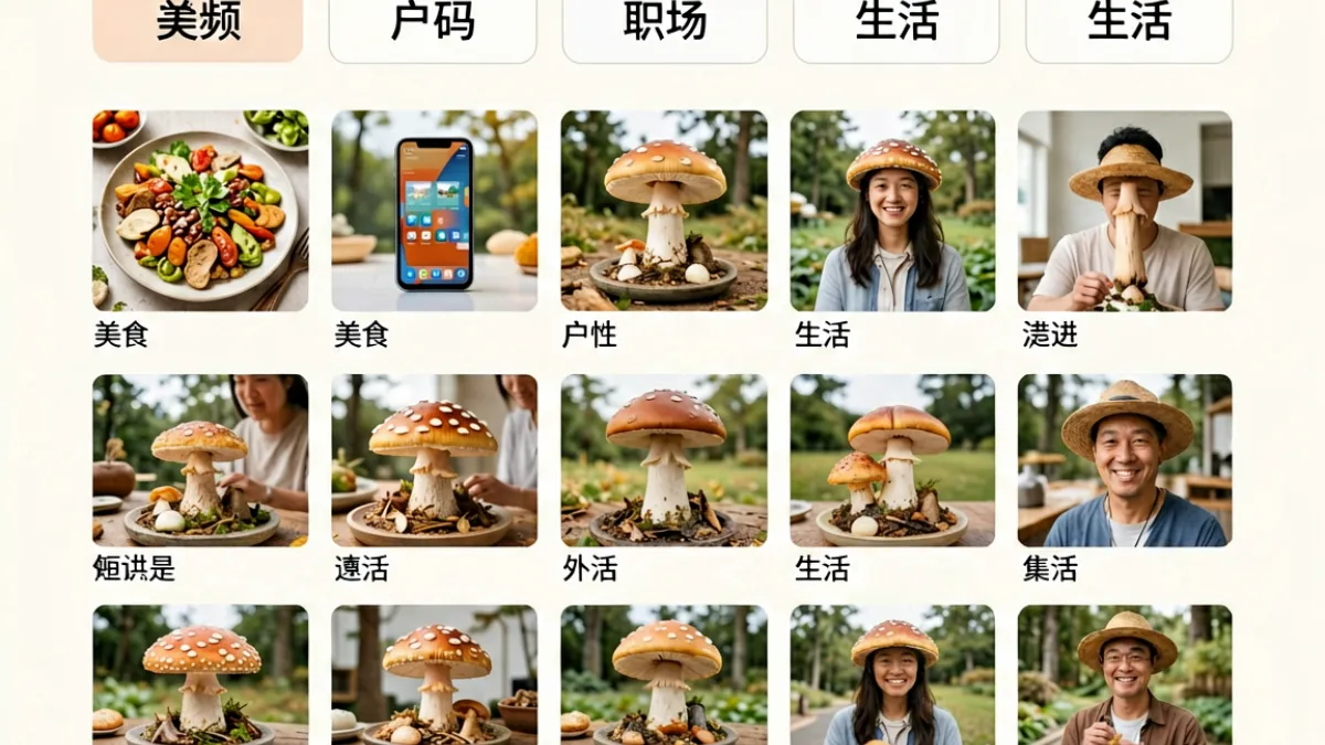 蘑菇视频内容分类页面展示，多个垂类标签并列排布，用户可按兴趣筛选不同主题视频