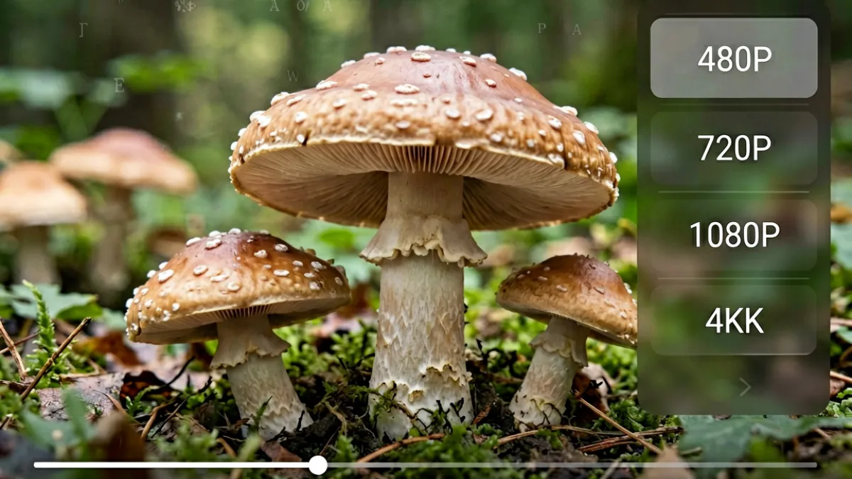 蘑菇视频播放器界面展示，包括画质切换菜单、进度条与弹幕开关等播放器控件